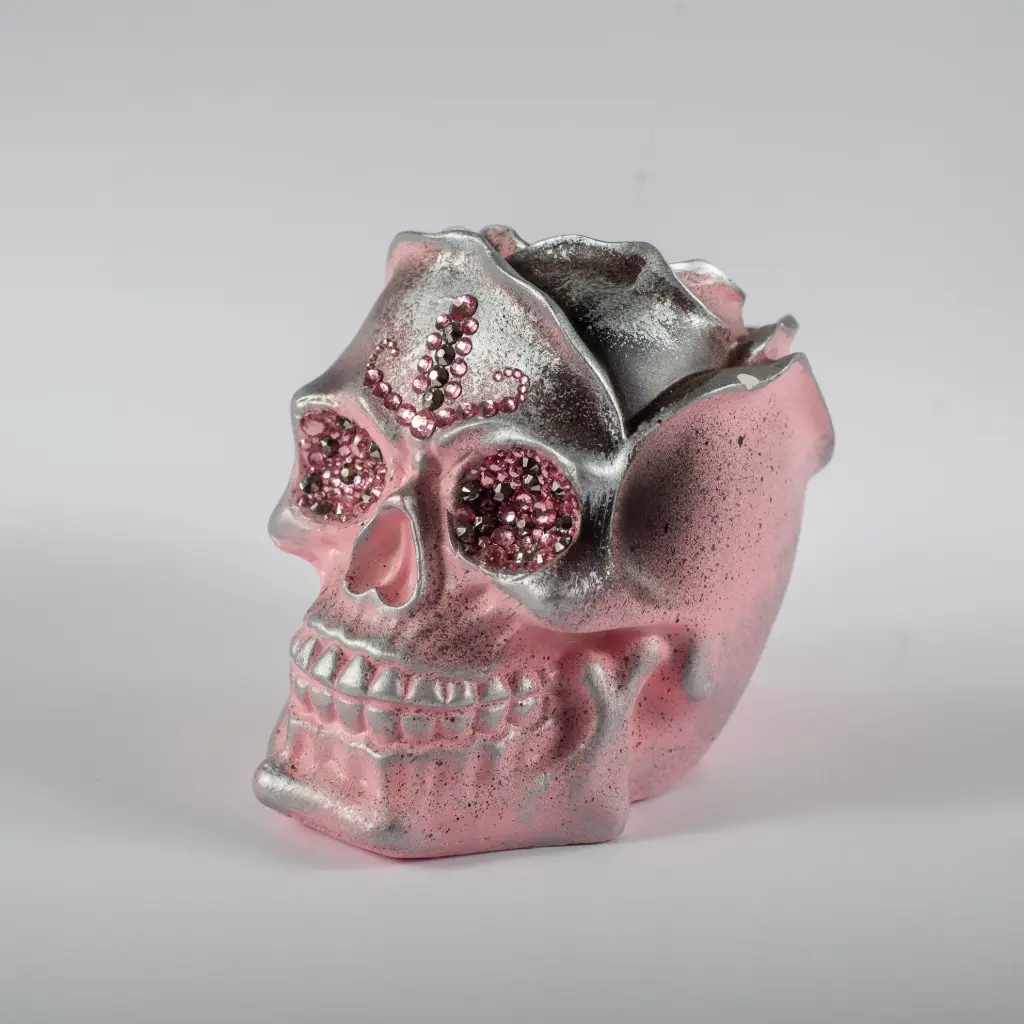 Гіпсове кашпо Череп великий зі стразами сріблясто-рожевий