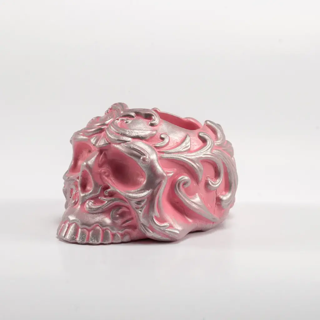 Гіпсове кашпо Череп середній сріблясто-рожевий