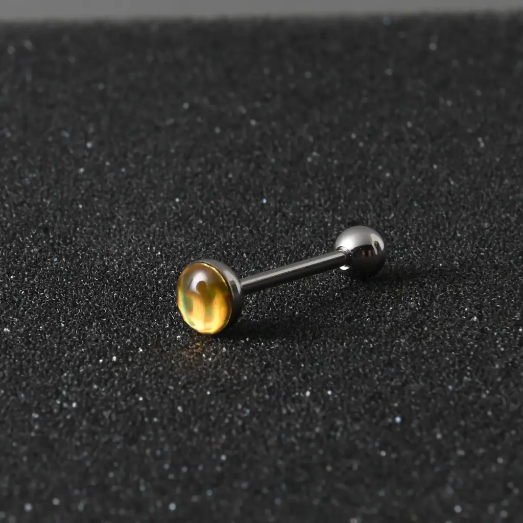 Пірсинг штанга для язика з жовтим каменем 14 G