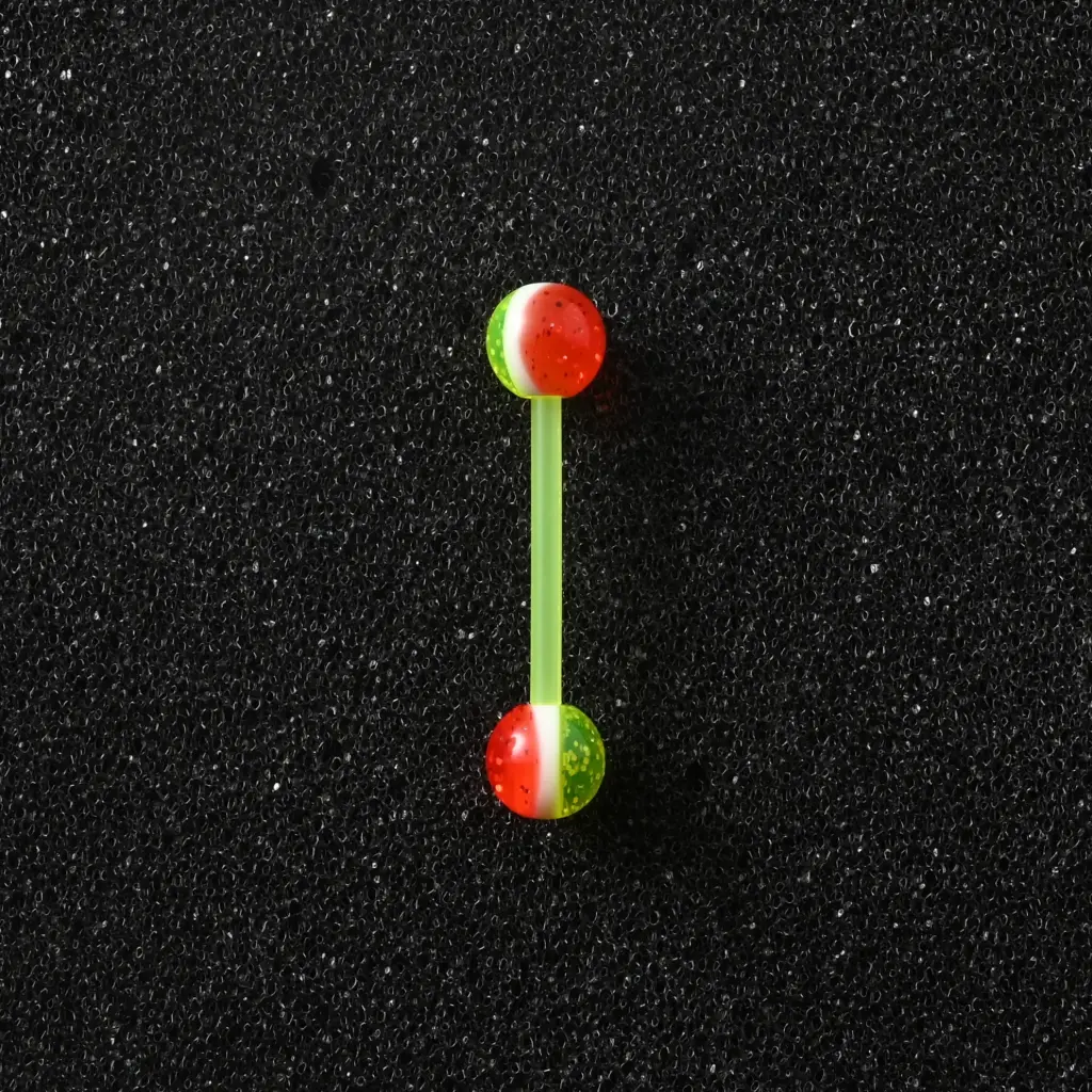 Пірсинг акриловий штанга 14 G жовтий помаранчевий з блискітками для язика