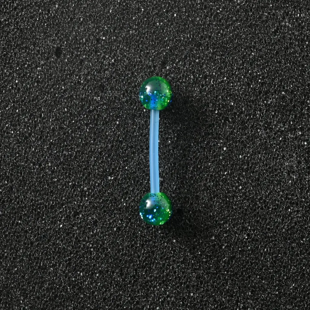 Пірсинг акриловий штанга 14 G синій зелений з блискітками для язика