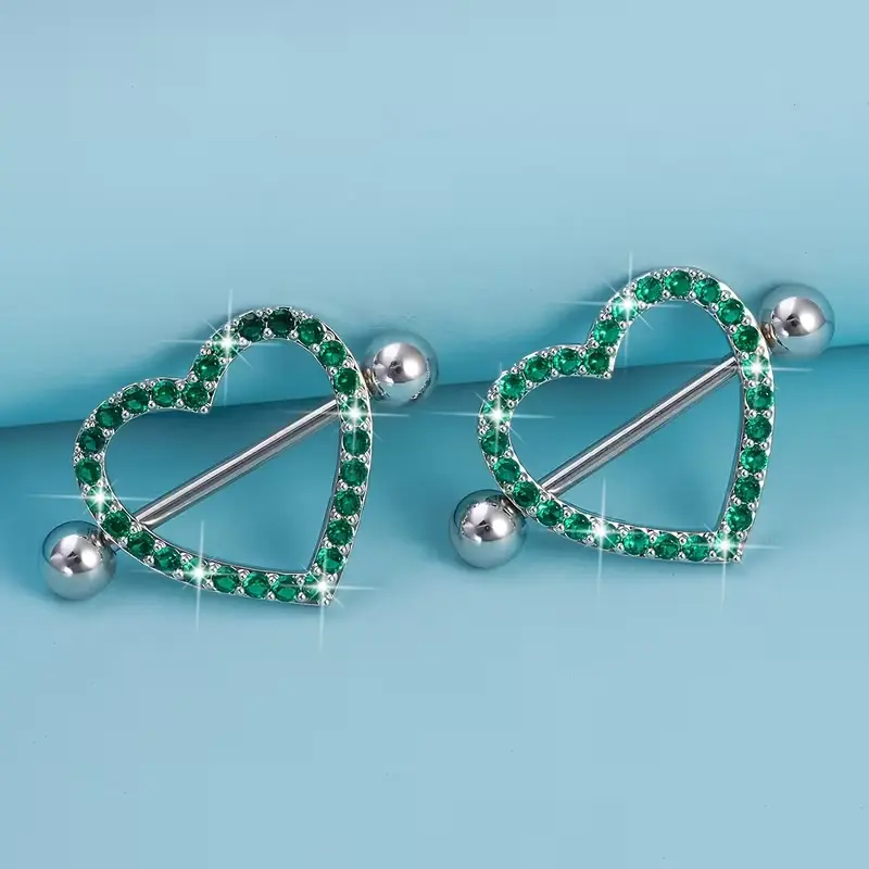 Пірсинг з медичної сталі штанга Серце з камінням 14 G для сосків зелений (2 шт.)