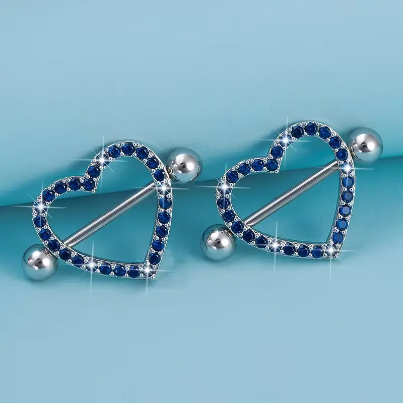 Пірсинг з медичної сталі штанга Серце з камінням 14 G для сосків синій (2 шт.)