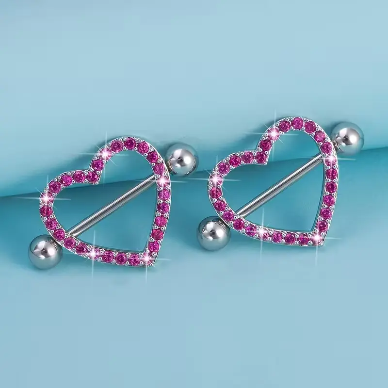 Пірсинг з медичної сталі штанга Серце з камінням 14 G для сосків рожевий (2 шт.)