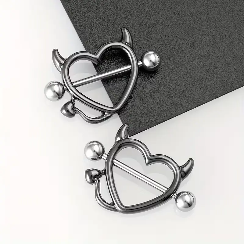 Пірсинг з медичної сталі штанга Серце - Devil Heart 14 G для сосків чорний (2 шт.)
