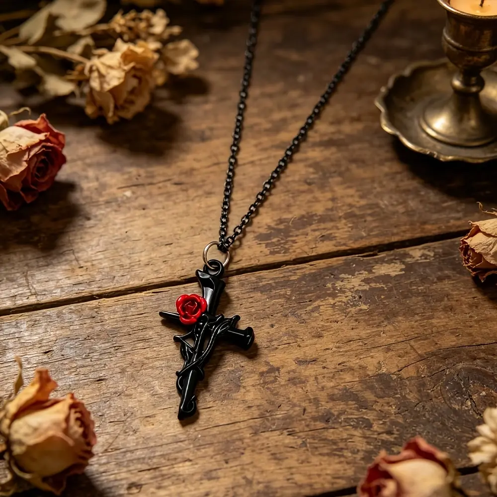 Кулон на ланцюжку Хрест з Розою - Rose Cross чорний