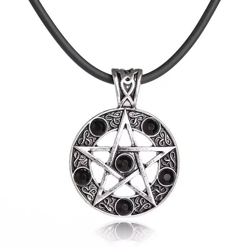 Кулон на мотузці Пентаграма - Pentagram з чорними каменями