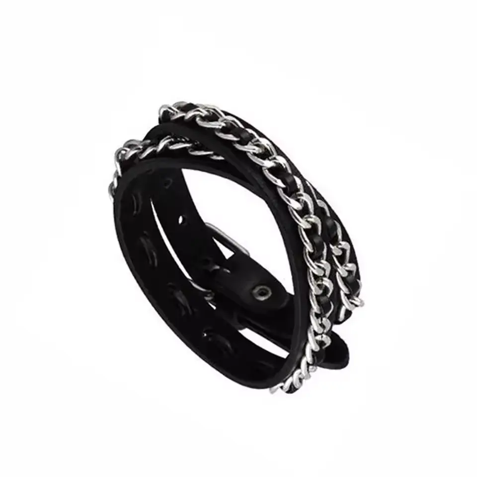 Шкіряний браслет з ланцюгом подвійний чорний