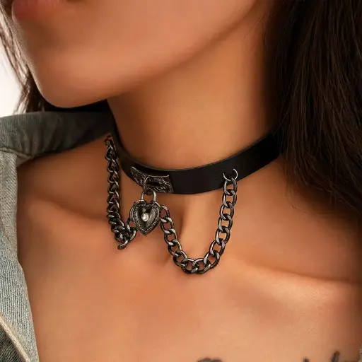 [11221] Чокер шкіряний Серце Замок з ланцюгами