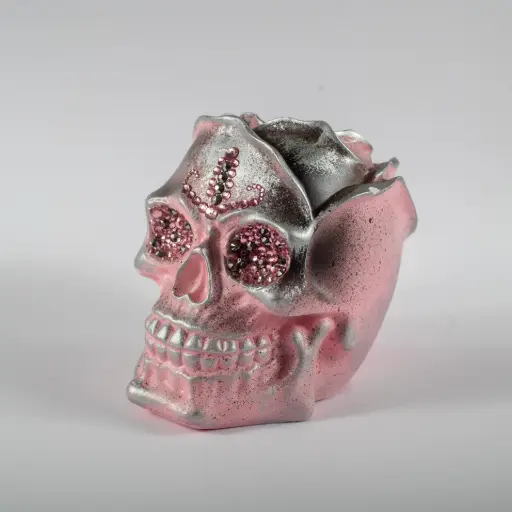 [11951] Гіпсове кашпо Череп великий зі стразами сріблясто-рожевий