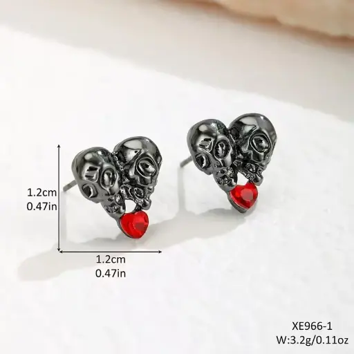 [12084] Сережки металеві Серце З Черепами - Heart Skull