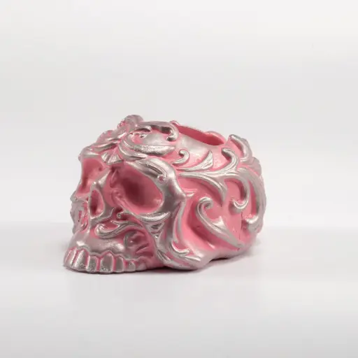 [12136] Гіпсове кашпо Череп середній сріблясто-рожевий