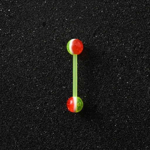 [11143] Пірсинг акриловий штанга 14 G жовтий помаранчевий з блискітками для язика