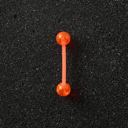 [11122] Пірсинг акриловий штанга 14 G помаранчевий з блискітками для язика