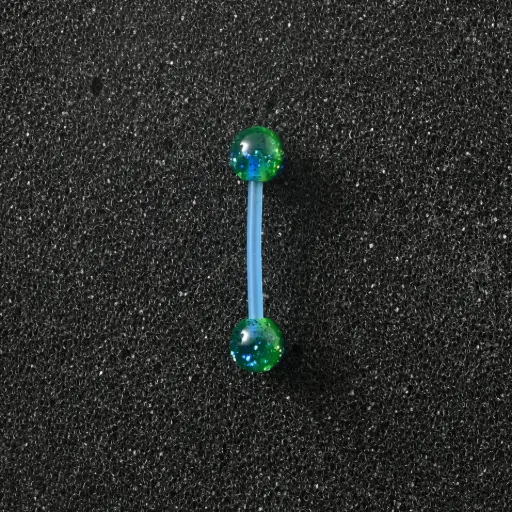 [11139] Пірсинг акриловий штанга 14 G синій зелений з блискітками для язика