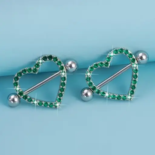 [12353] Пірсинг з медичної сталі штанга Серце з камінням 14 G для сосків зелений (2 шт.)