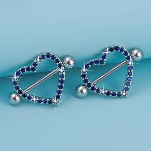 [12354] Пірсинг з медичної сталі штанга Серце з камінням 14 G для сосків синій (2 шт.)