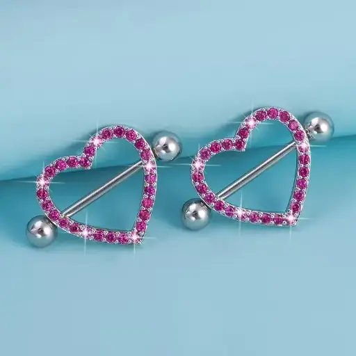 [12355] Пірсинг з медичної сталі штанга Серце з камінням 14 G для сосків рожевий (2 шт.)