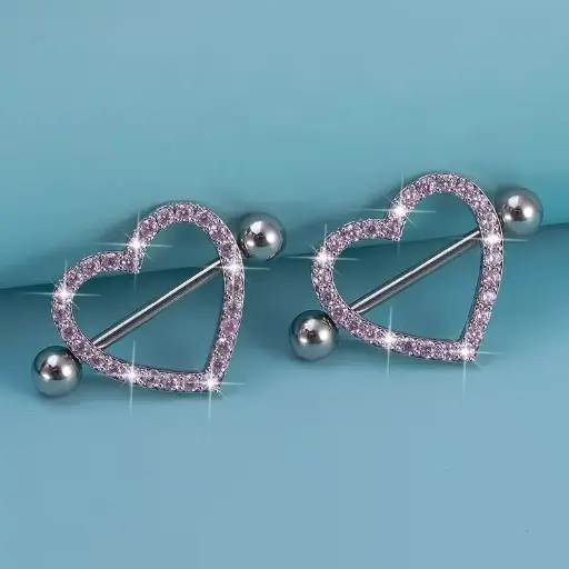 [12356] Пірсинг з медичної сталі штанга Серце з камінням 14 G для сосків світло-рожевий (2 шт.)