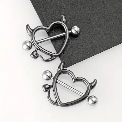 [12358] Пірсинг з медичної сталі штанга Серце - Devil Heart 14 G для сосків чорний (2 шт.)