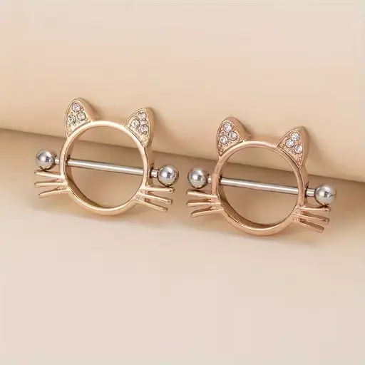 [12359] Пірсинг з медичної сталі штанга Котик - Cat з камінням 14 G для сосків жовтий (2 шт.)