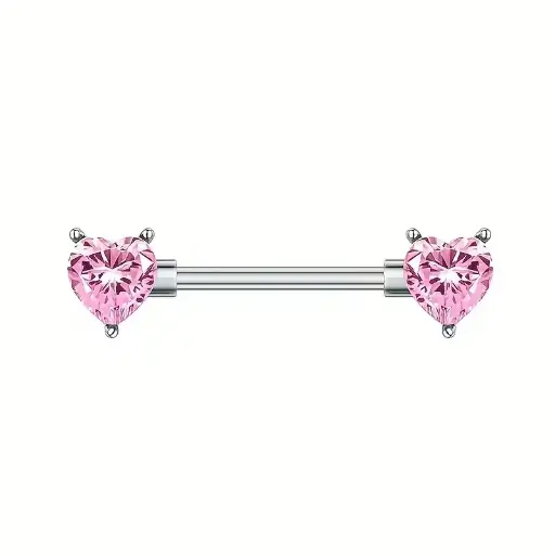 [12360] Пірсинг з медичної сталі штанга Серця - Hearts з камінням 14 G для сосків рожевий (2 шт.)
