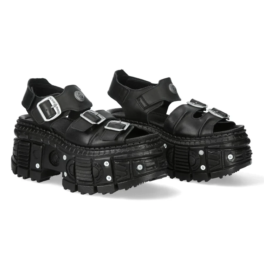 [13131] New Rock M-BIOS101-C32 Black Leather Platform Sandals