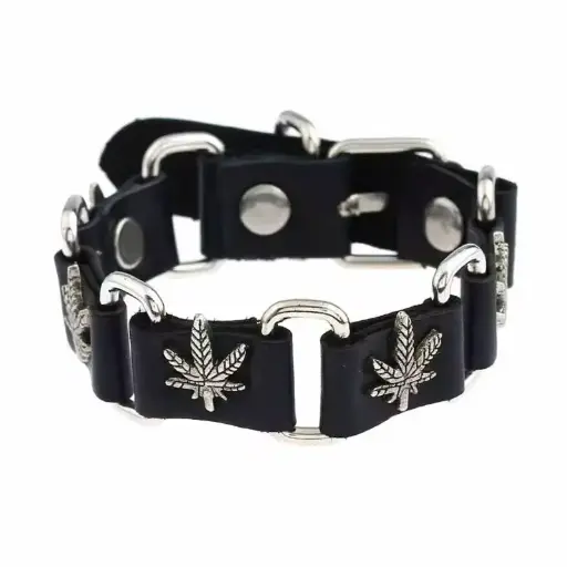 [1903] Шкіряний браслет з металевими вставками Листя - Leaves