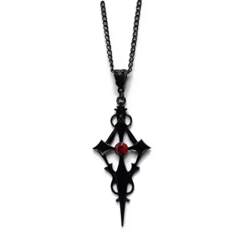 [1812] Кулон на ланцюжку вінтажний з червоним каменем чорний
