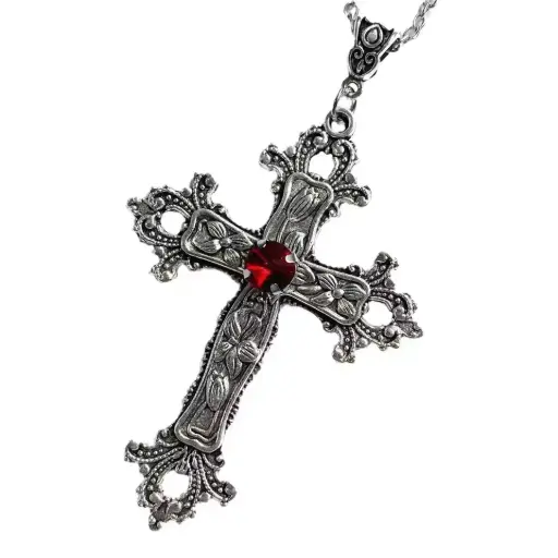 [1756] Кулон на ланцюжку Хрест - Cross з червоним каменем готичний