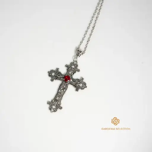 [1756] Кулон на ланцюжку Хрест - Cross з червоним каменем готичний