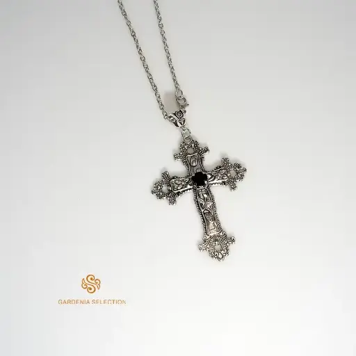 [2053] Кулон на ланцюжку Хрест - Cross з чорним каменем готичний