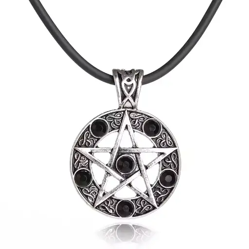 [1750] Кулон на мотузці Пентаграма - Pentagram з чорними каменями