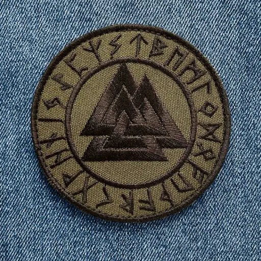 [1390] Нашивка Valknut чорна вишита кругла на липучці