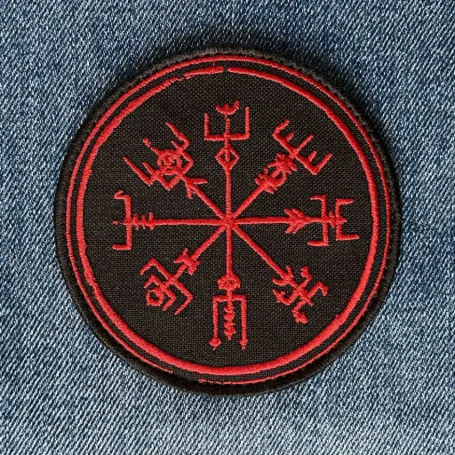 [1393] Нашивка Vegvisir червона вишита кругла на липучці