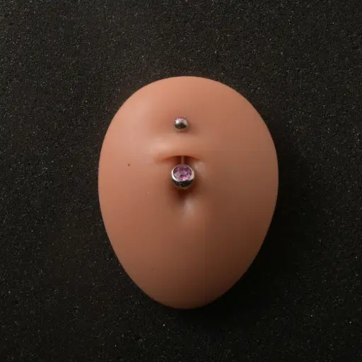 [11101] Пірсинг для пупка банан з рожевим каменем Titanium