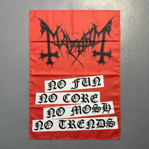 [863] Прапор Mayhem - No Fun! No Core! No Mosh! No Trends! червоний