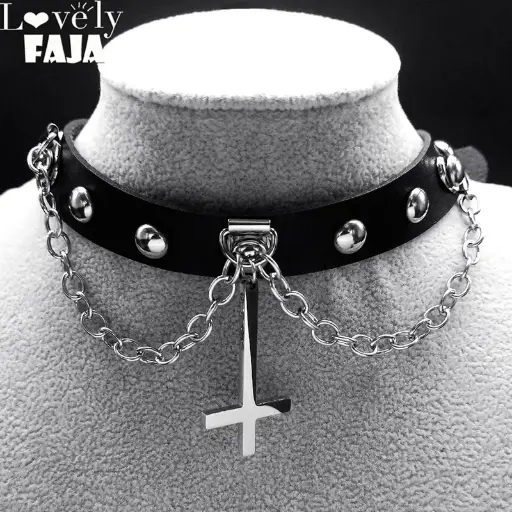 [2052] Чокер шкіряний Перевернутий Хрест - Cross of Saint Peter з ланцюгами