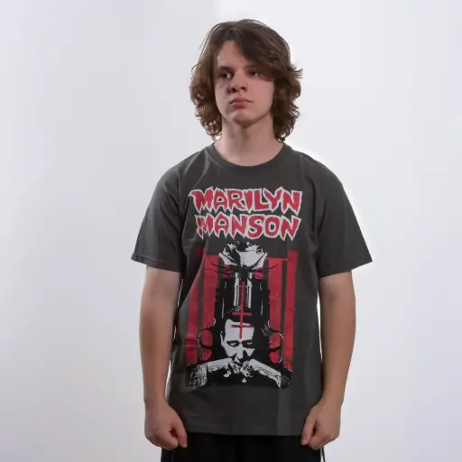 [11607] Футболка Marilyn Manson Poster (Guns) сіра